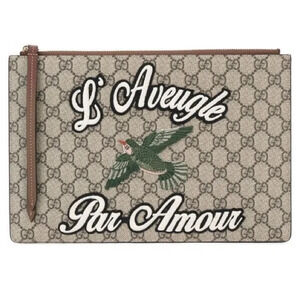 Gucci GG Supreme L'Aveugle Par Amour Zip Pouch Clutch Bag Beige Monogram Canvas